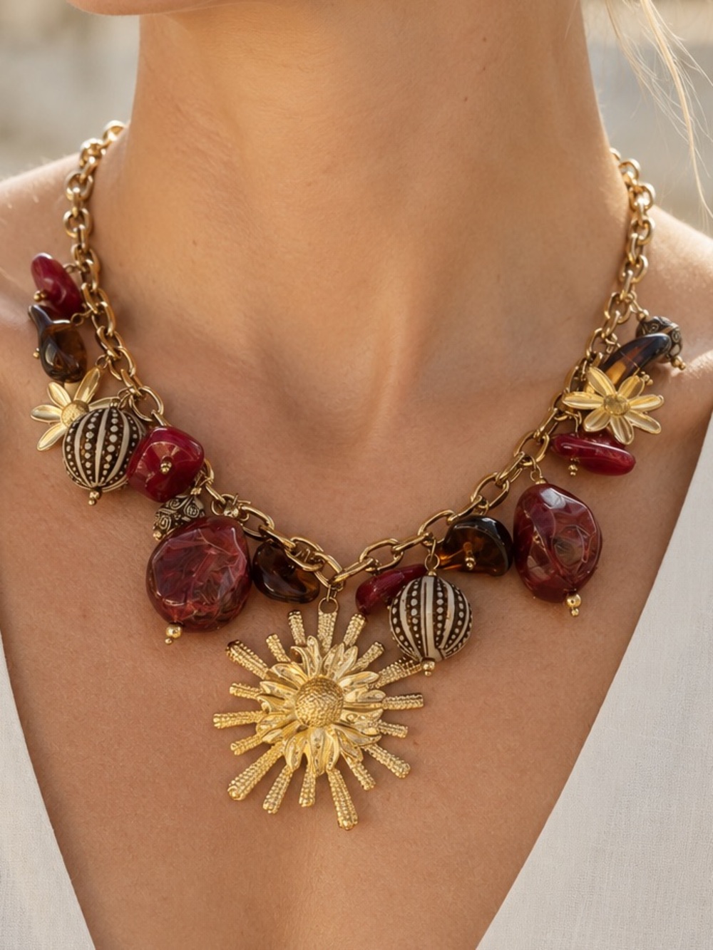 Autumn Vibes Burgundy Sunburst Harvest Acorn Statement Necklace – Fall 2026–27